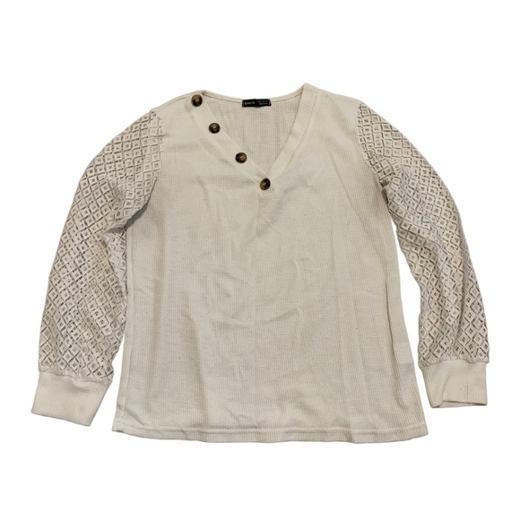 💜 SHEIN Waffle Knit Henley Top with Lace Sleeves size M - Picture 1 of 7